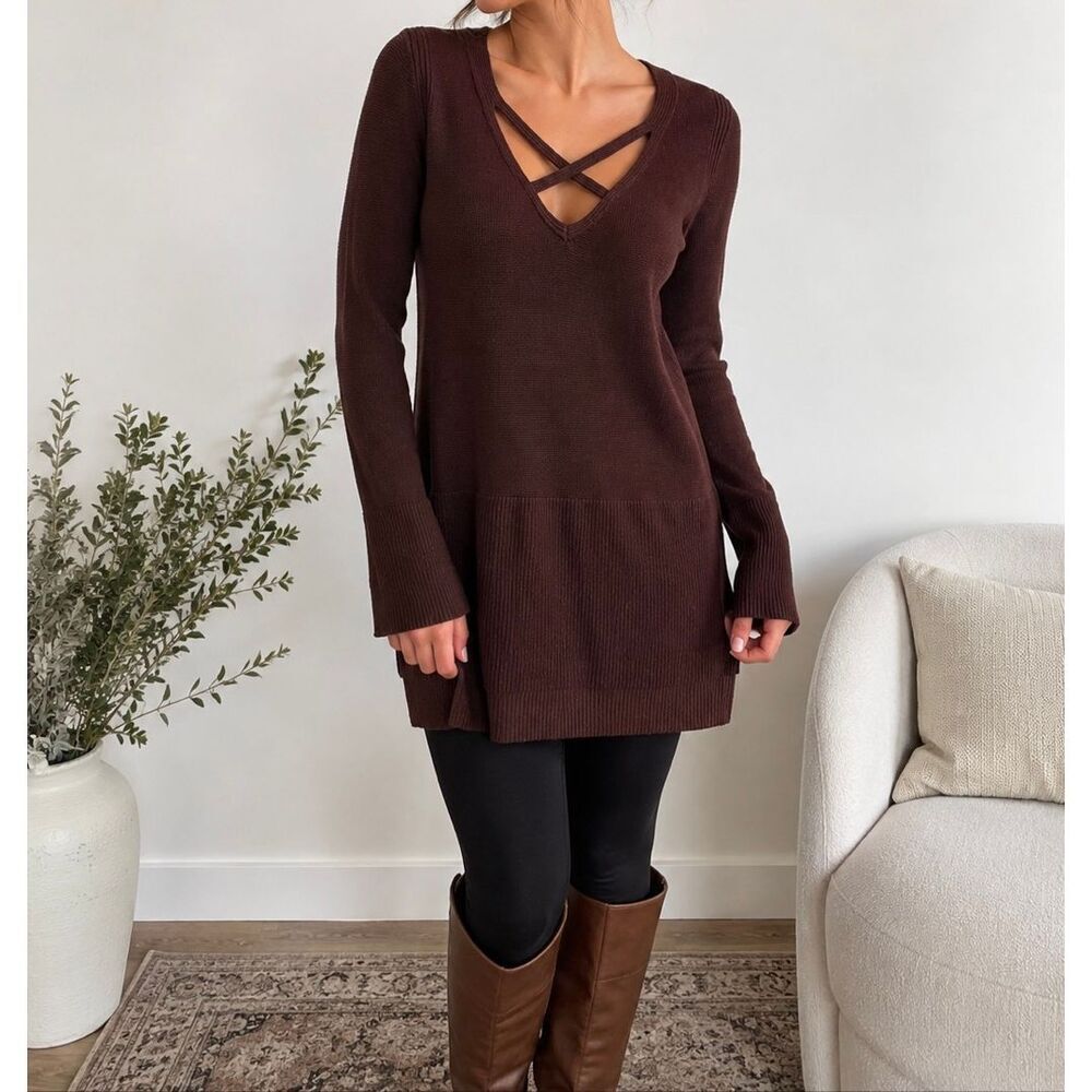 Free People Brown Criss Cross Knit Tunic Sweater Small Boho Cozy